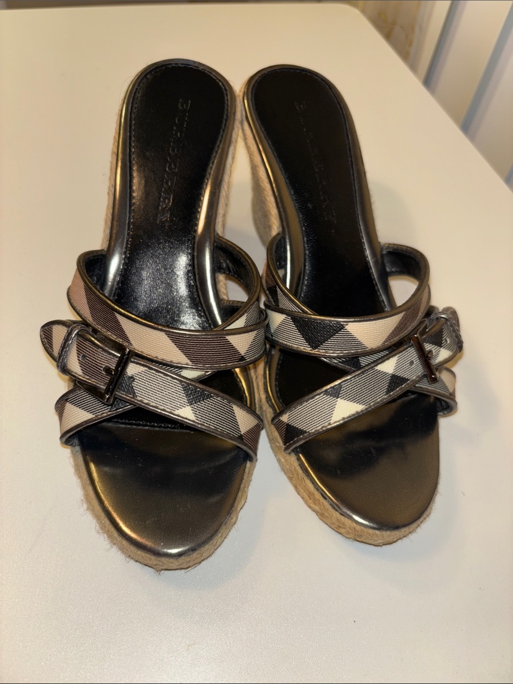 Burberry Black and Tan Plaid Espadrille Slide Mules